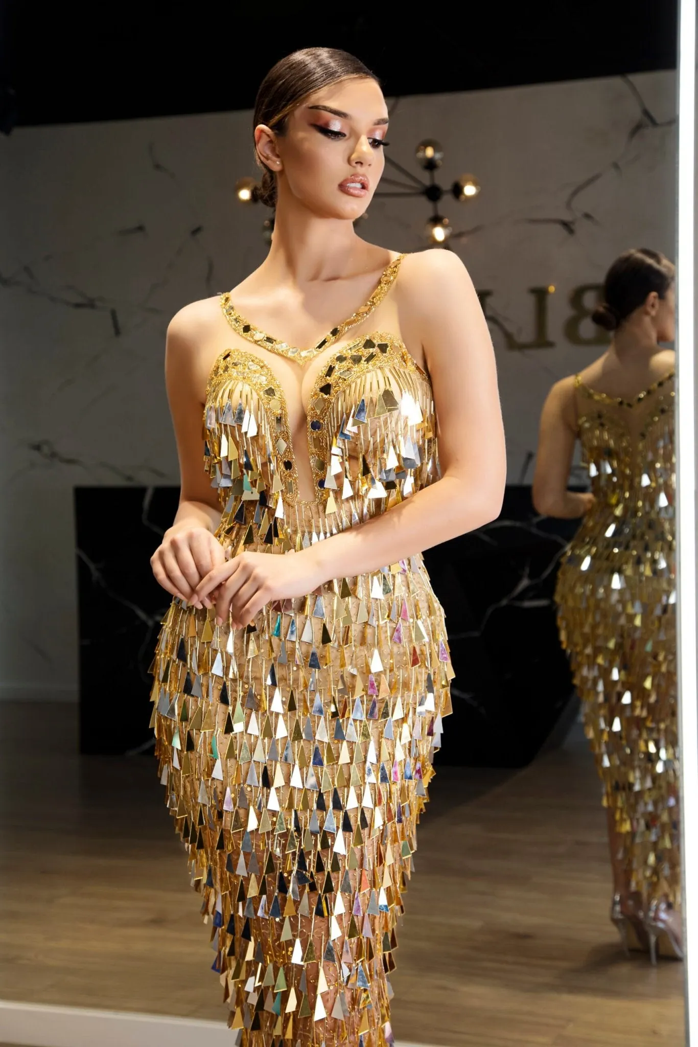 Olivia Maxi-Length Dress with All Over Gold Mirror Detailing