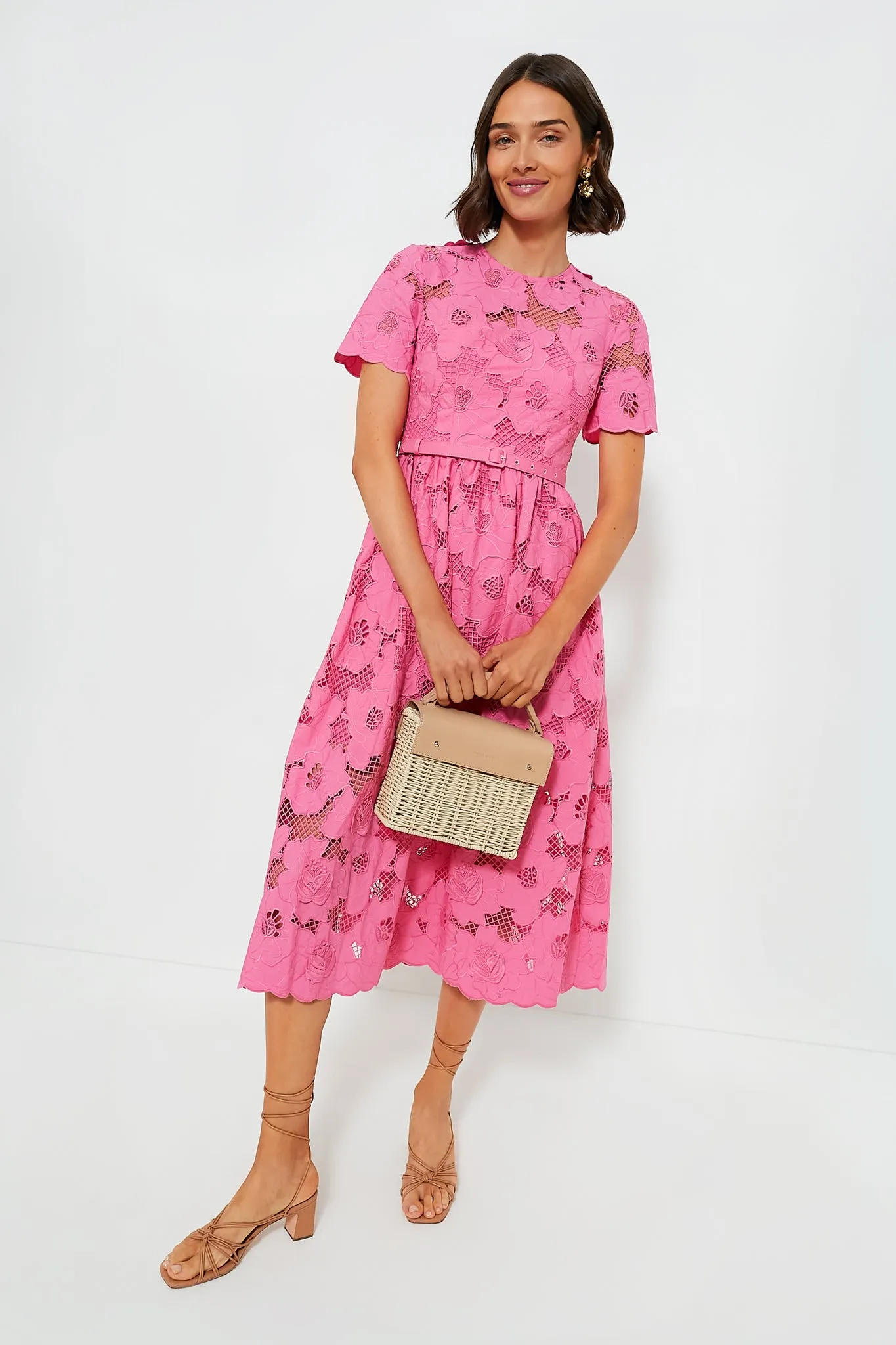 Pink Cotton Lace Midi Dress