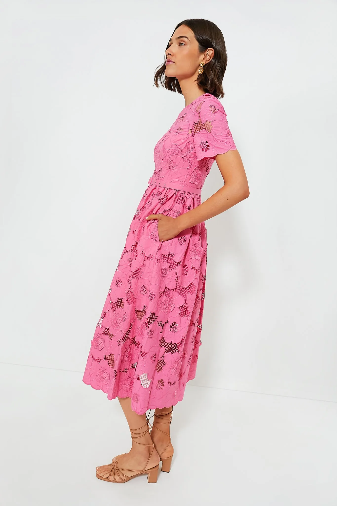 Pink Cotton Lace Midi Dress