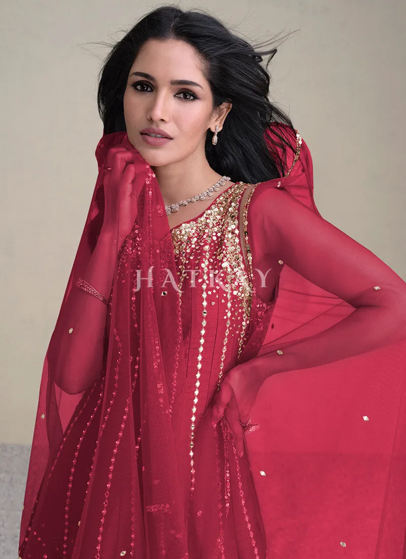 Pink Golden Sequins Embroidered Anarkali Pant Style Suit