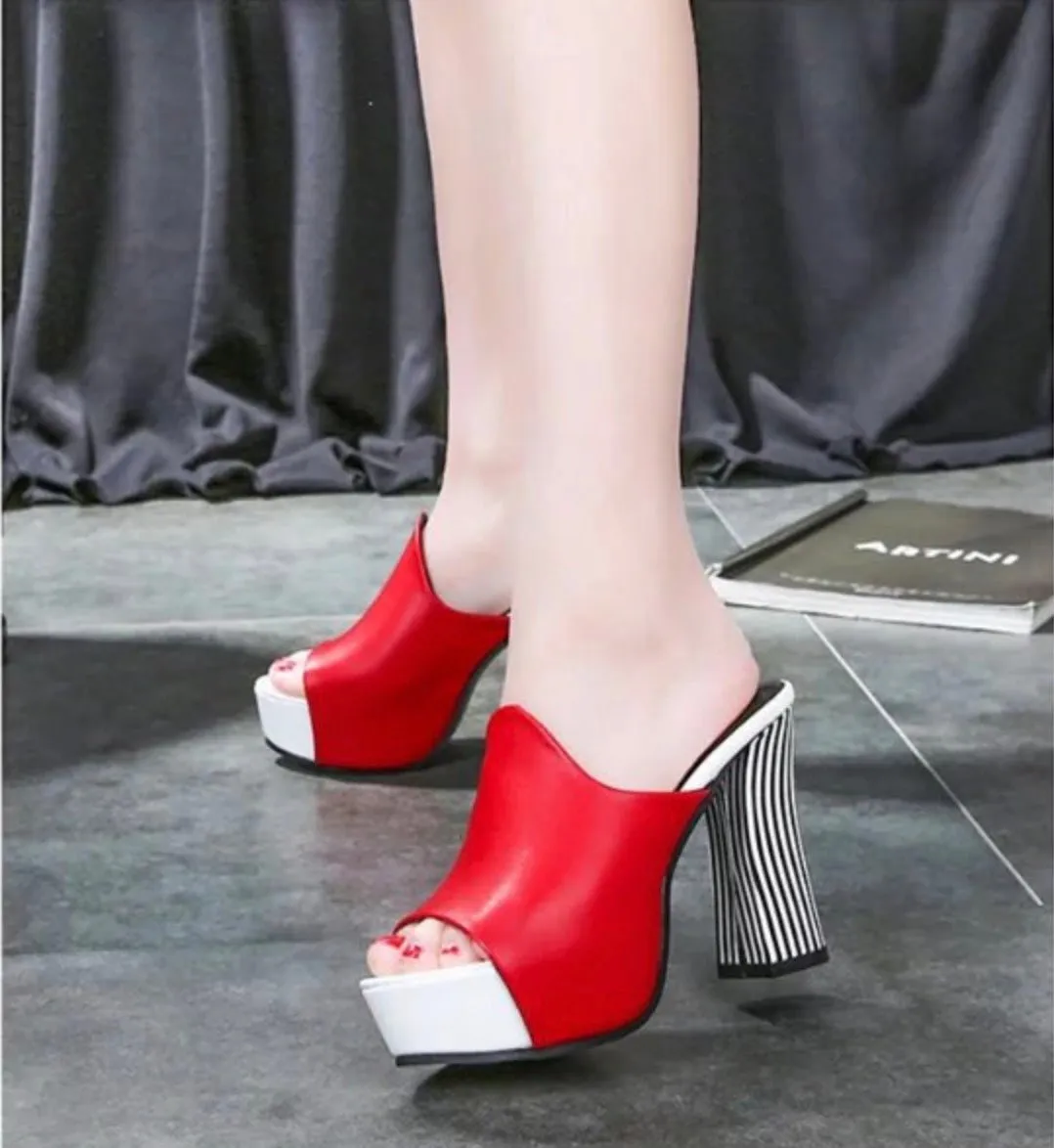 Platform Open Toe High Chunky Zebra pattern Heels Slippers Sandals