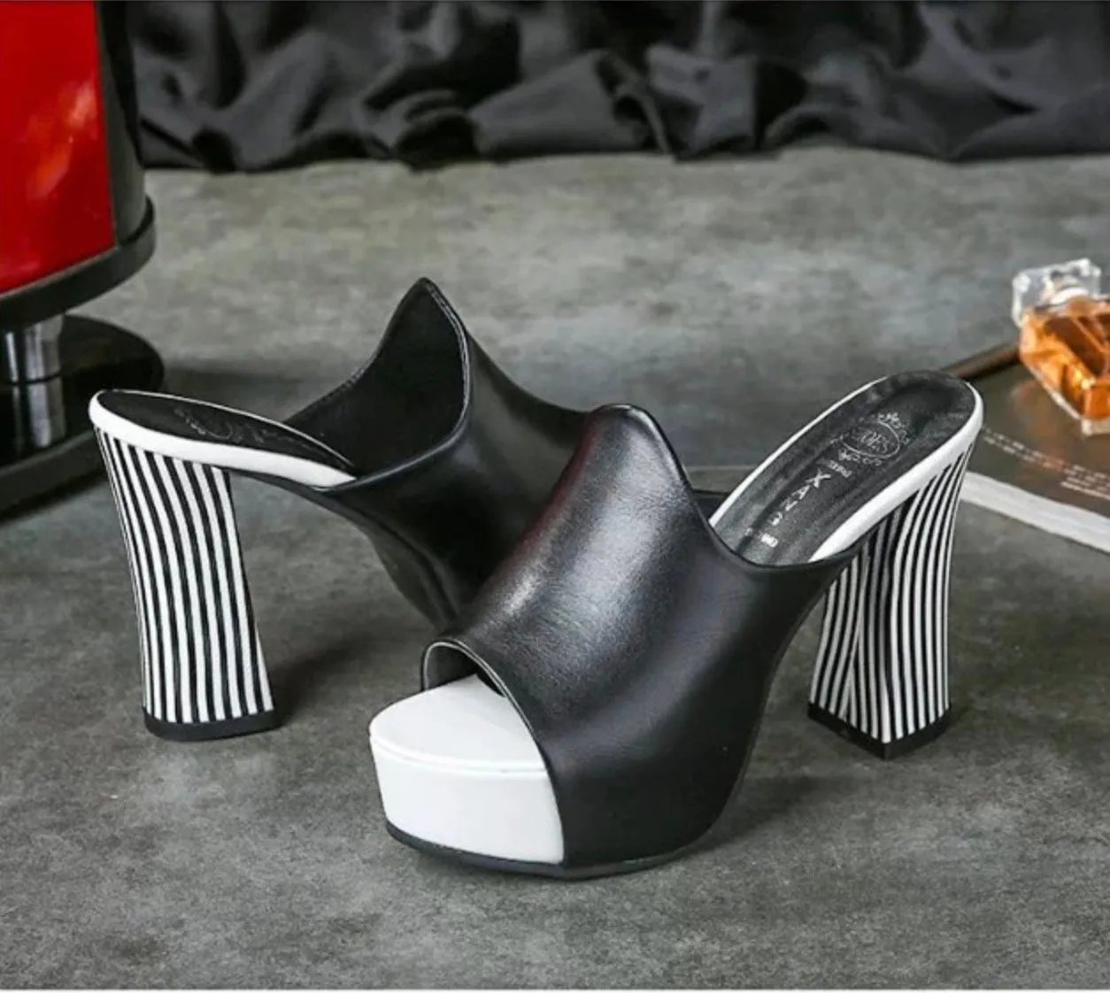 Platform Open Toe High Chunky Zebra pattern Heels Slippers Sandals