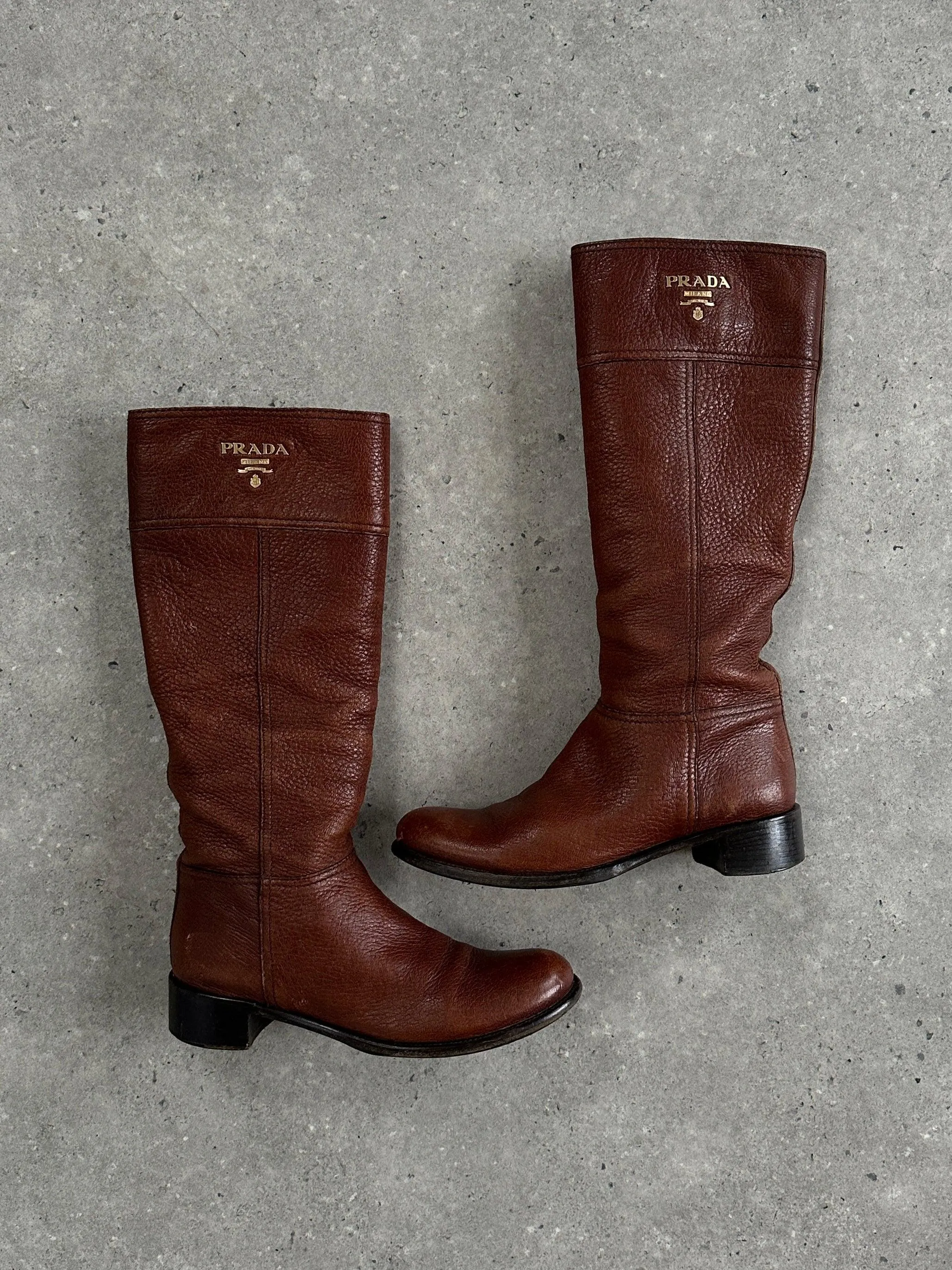 Prada Leather Logo Knee Boots - UK 4 / EUR 37