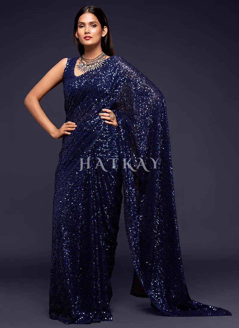 Rich Blue Sequins Embroidery Georgette Saree