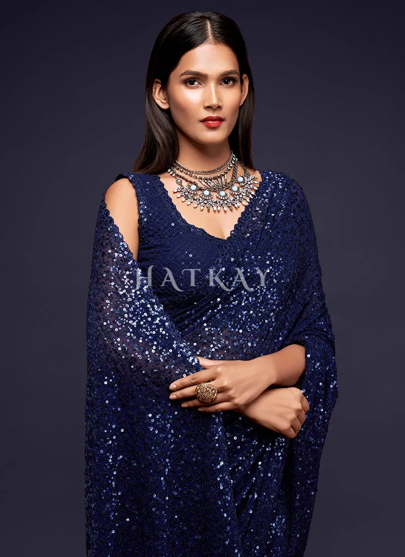 Rich Blue Sequins Embroidery Georgette Saree