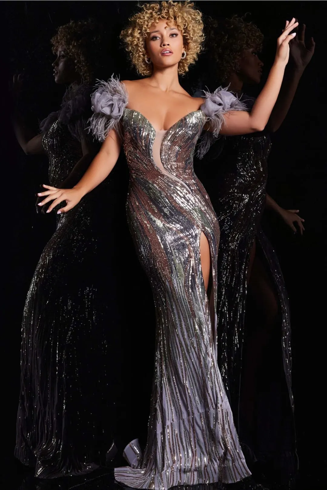 Sequin Feather Off Shoulder Slit Gown by Jovani 38679