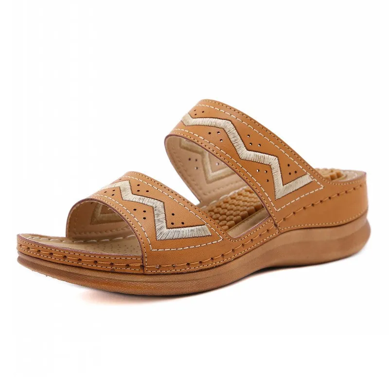 SIKETU | Two Band Wedge Sandals For Women With Embroidery