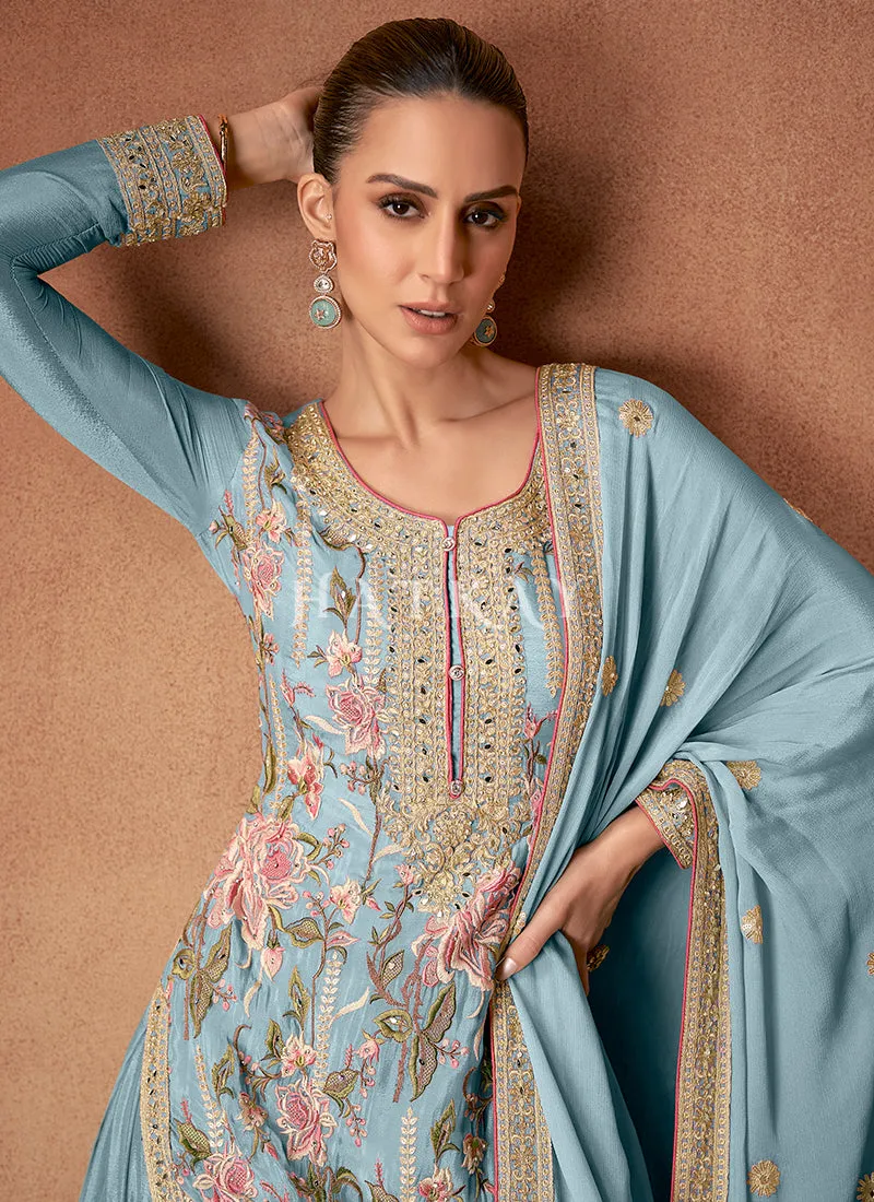 Sky Blue Floral Embroidery Festive Palazzo Suit