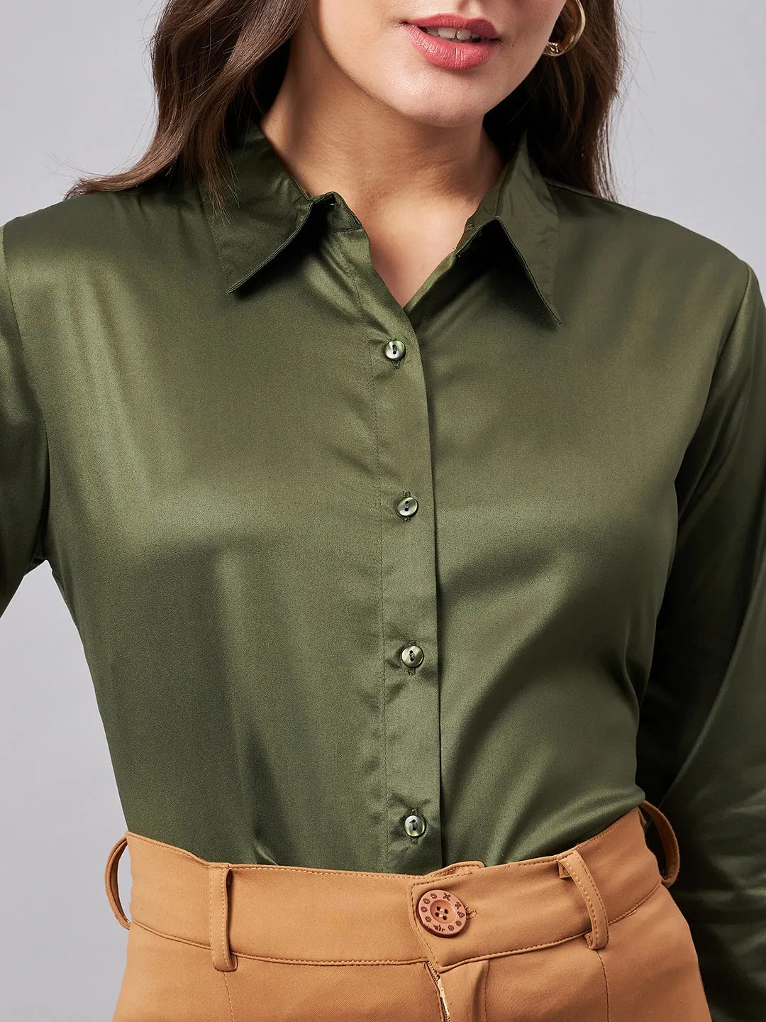 Style Quotient Women Olive Satin Regular Formal Shirt