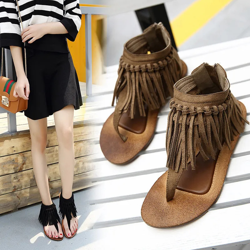 Tassels Slip-on Flat Back Zipper Sandals