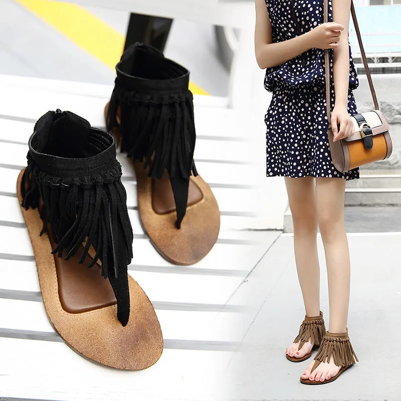Tassels Slip-on Flat Back Zipper Sandals
