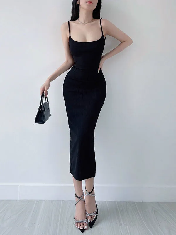TastyHottie - Spaghetti Strap Ruched Khaki  Midi Bodycon Dress
