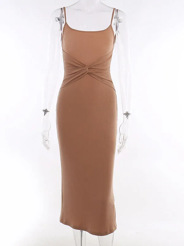 TastyHottie - Spaghetti Strap Ruched Khaki  Midi Bodycon Dress