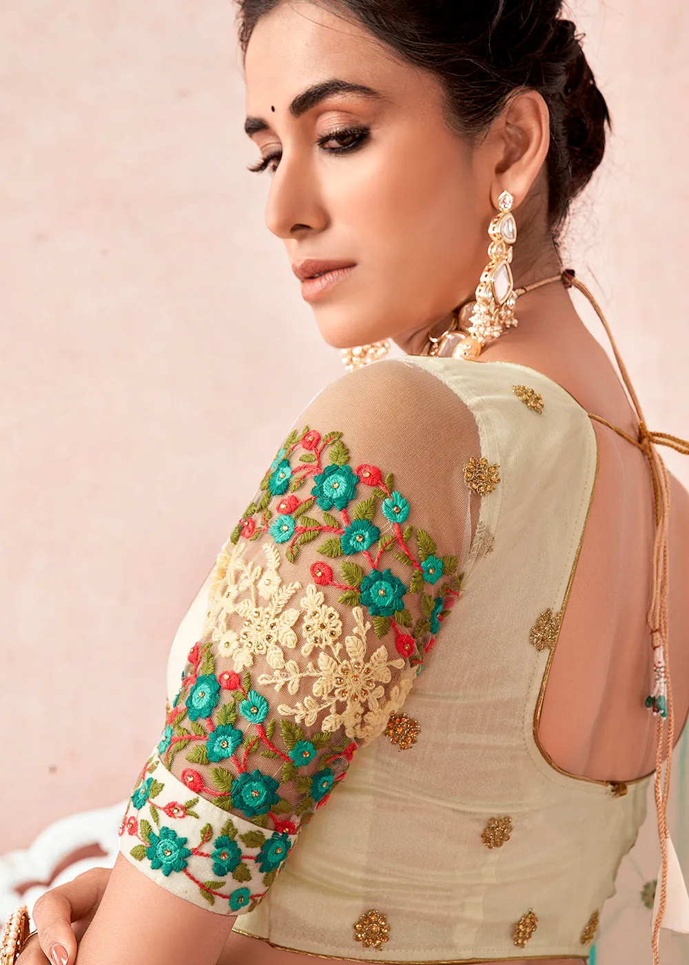 Traditional Light Cream Kalidar Embroidered Net Lehenga Choli