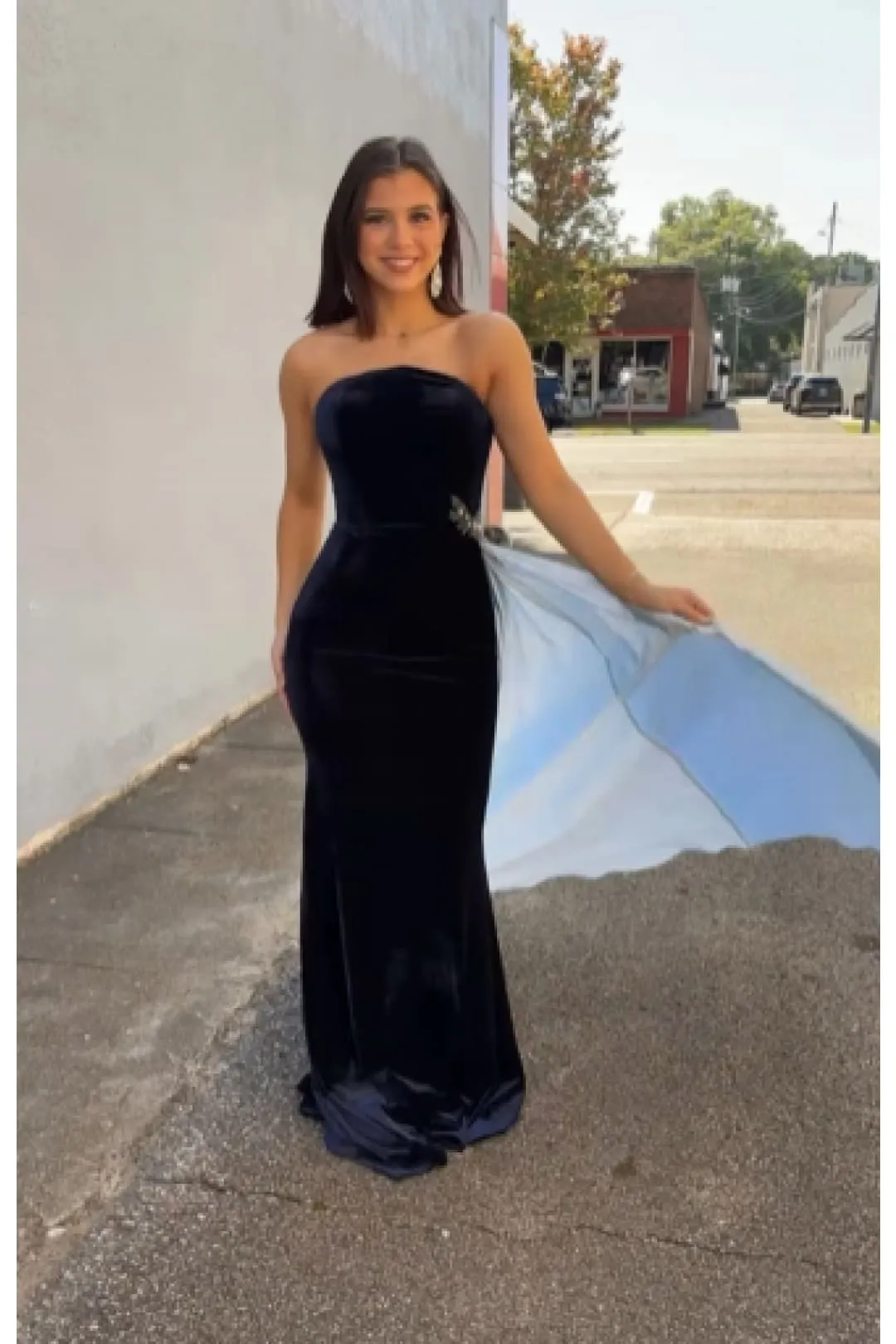 Velvet Strapless Overskirt Gown by Jovani 26116