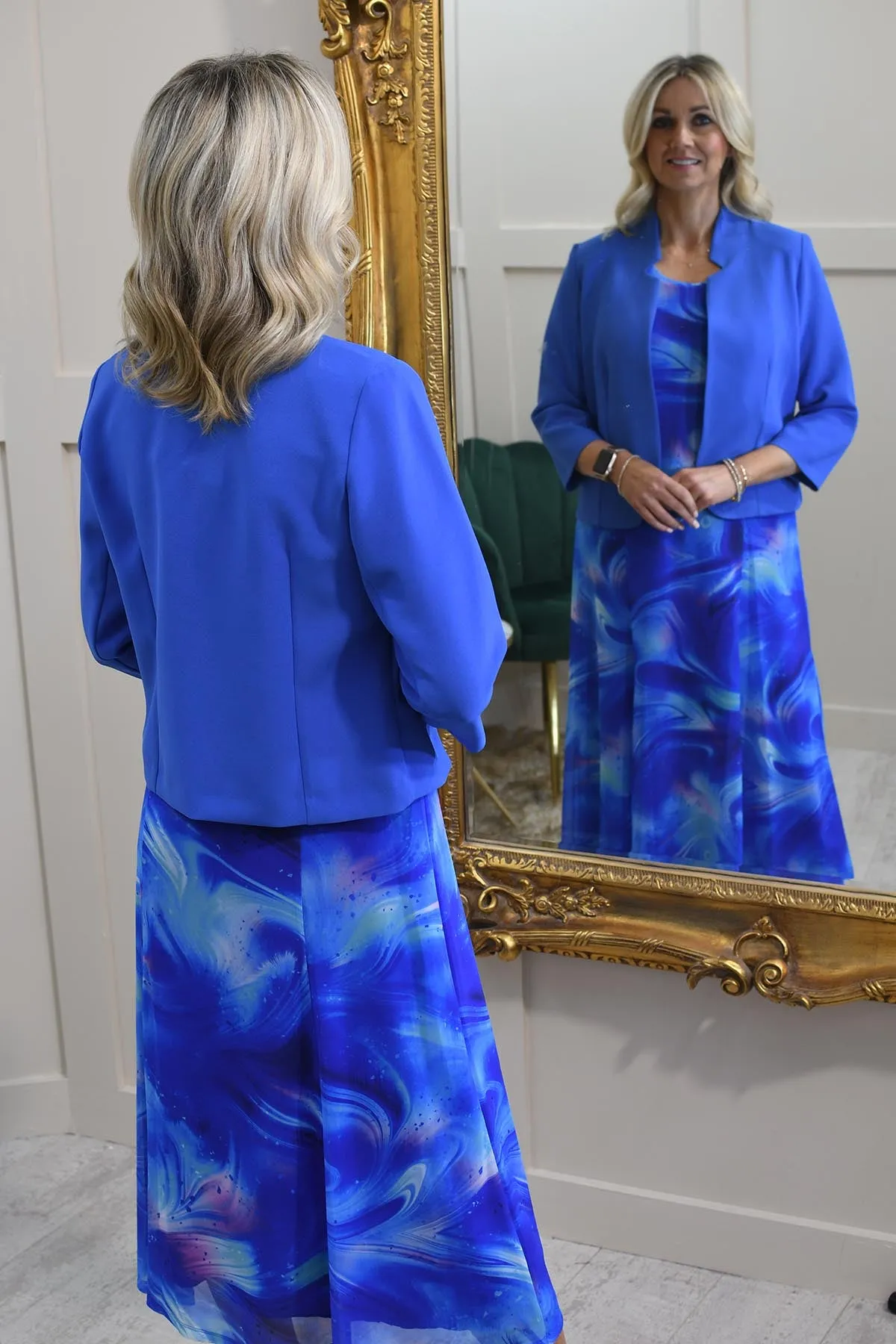 Via Veneto Cornflower Blue Swirl Pattern Dress With Bolero-V324