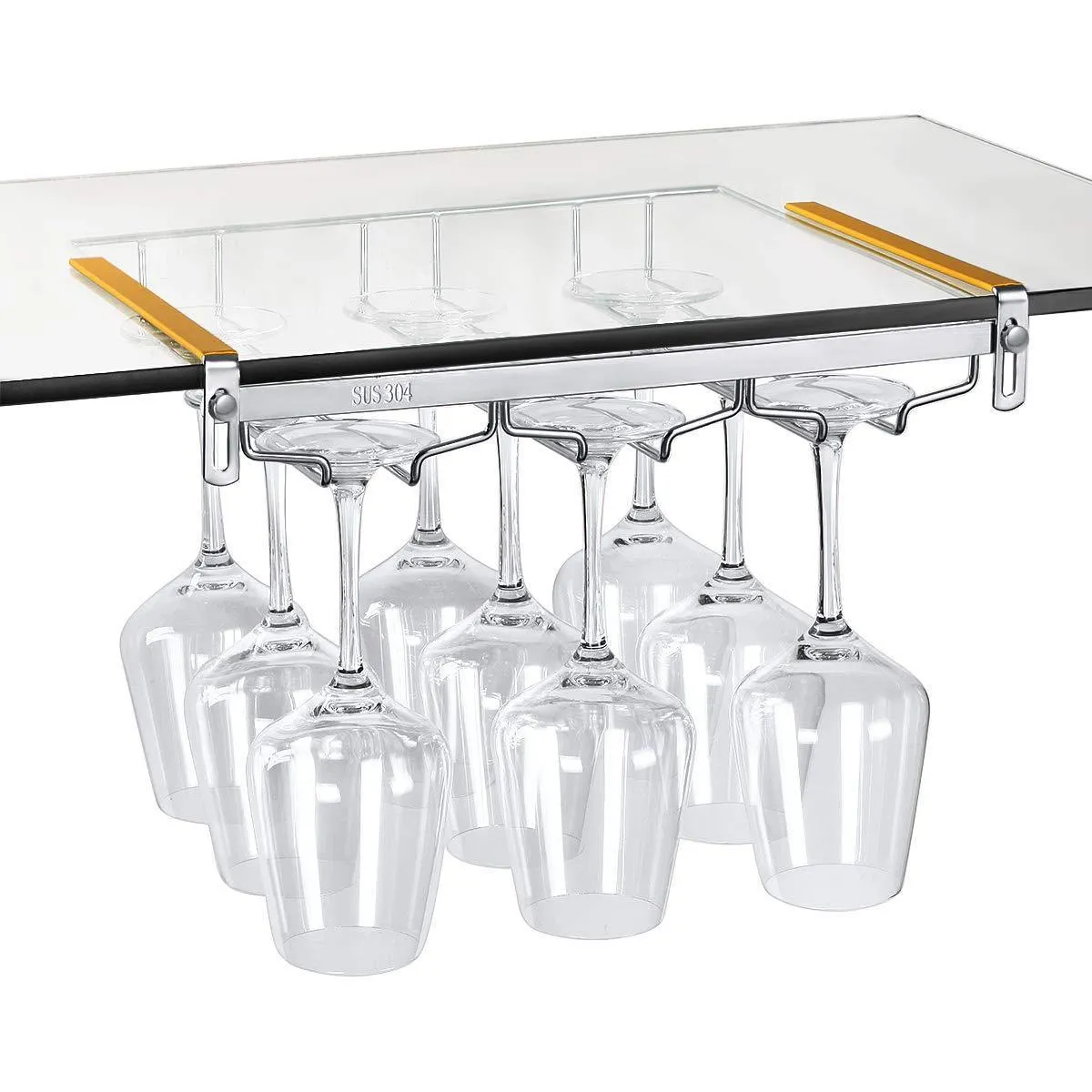 VOBAGA Stemware Racks 3 Rows Adjustable Stainless Steel Wine Glass Rack Stemware Hanger Bar Home Cup Glass Holder Dinnerware Kitchen Dining,Hold 9 Glasses