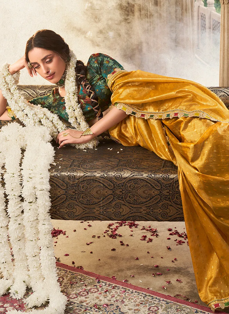 Yellow Multi-Embroidery Tissue Silk Saree